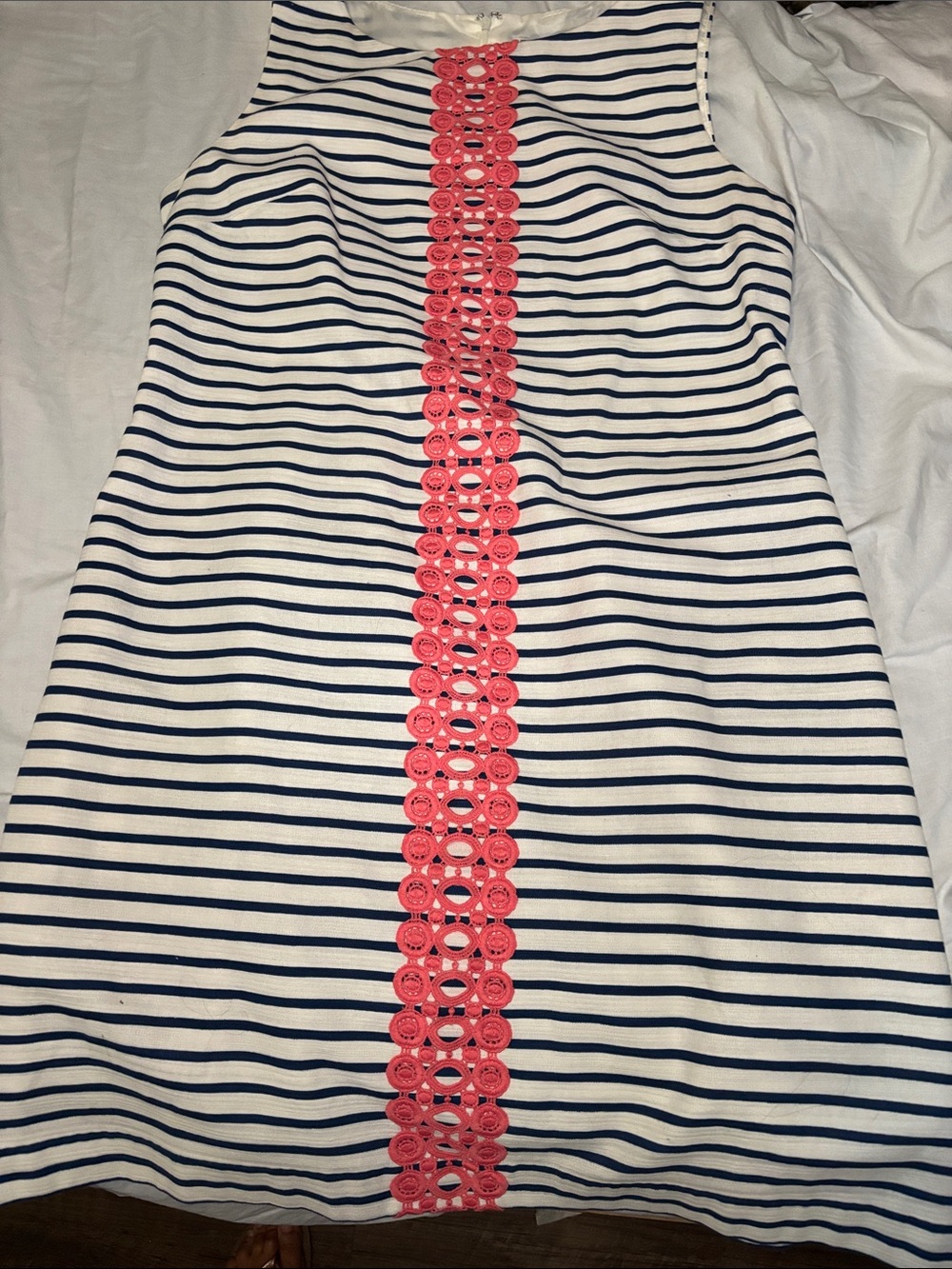 J Howard Size 14 Striped Cotton Dress Navy White Coral Crochet Sleeveless